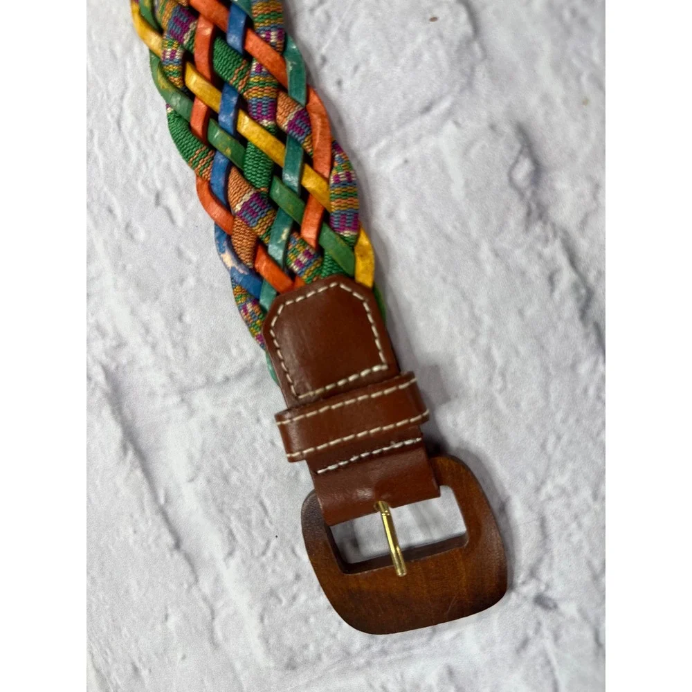 Express Braided Belt Womens Medium Multi Color Leather Wood Buckle Italy